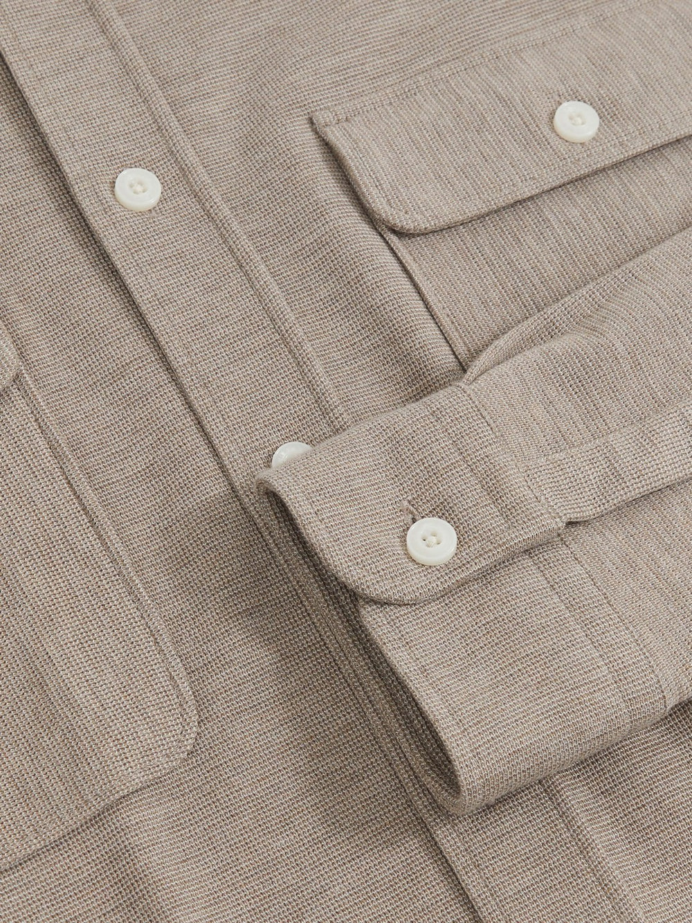 Textured Twin Pocket Cotton Blend Overshirt in Oatmeal Brown Melange