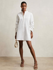 Cotton Gathered Cut-Out Shirt Dress with Stretch in Ivory