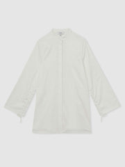 Cotton Gathered Cut-Out Shirt Dress with Stretch in Ivory