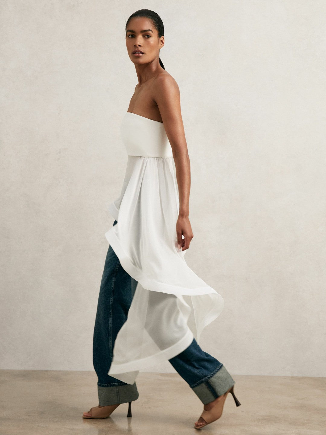 Silk Asymmetric-Ruffle Bandeau Top in Ivory