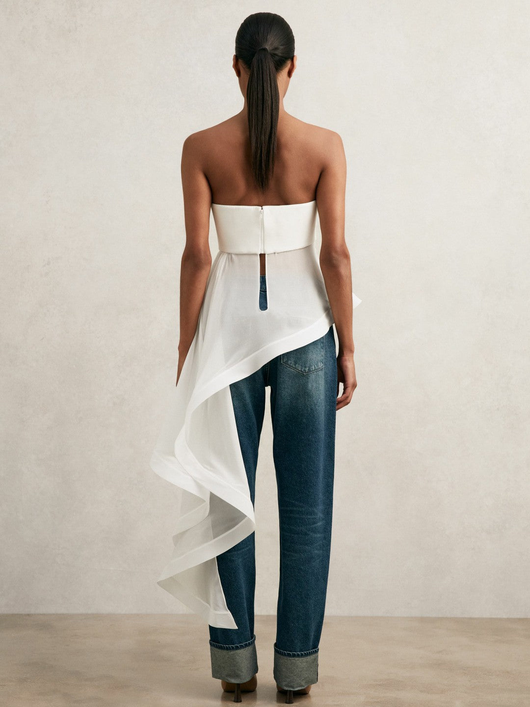 Silk Asymmetric-Ruffle Bandeau Top in Ivory
