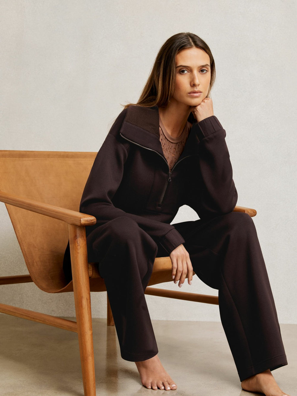 Interlock Half Zip Drawstring Hem Sweatshirt in Plum