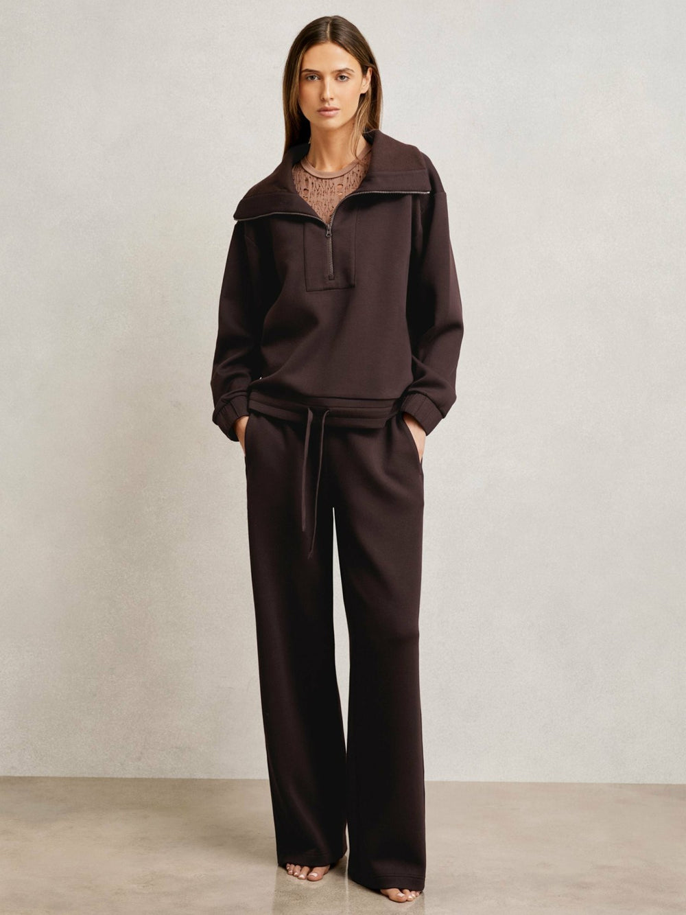 Interlock Half Zip Drawstring Hem Sweatshirt in Plum