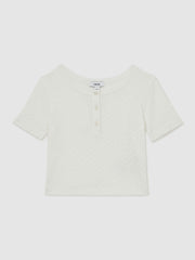 9-13 yrs Cotton Pointelle Button T-Shirt in Ivory