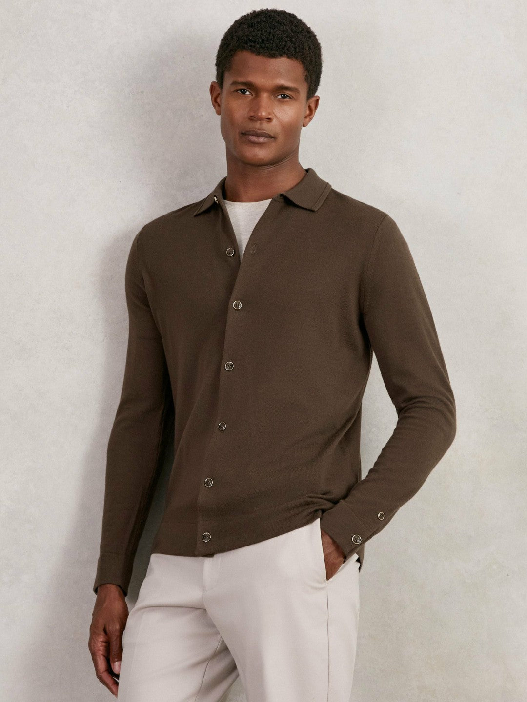 Merino Wool Button-Through Cardigan in Chocolate Brown