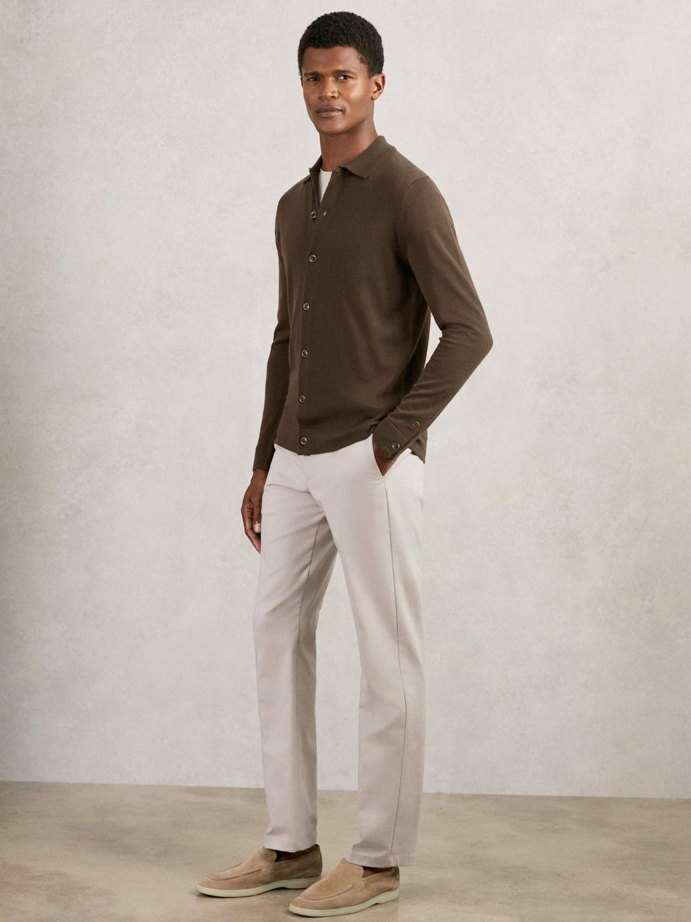 Merino Wool Button-Through Cardigan in Chocolate Brown