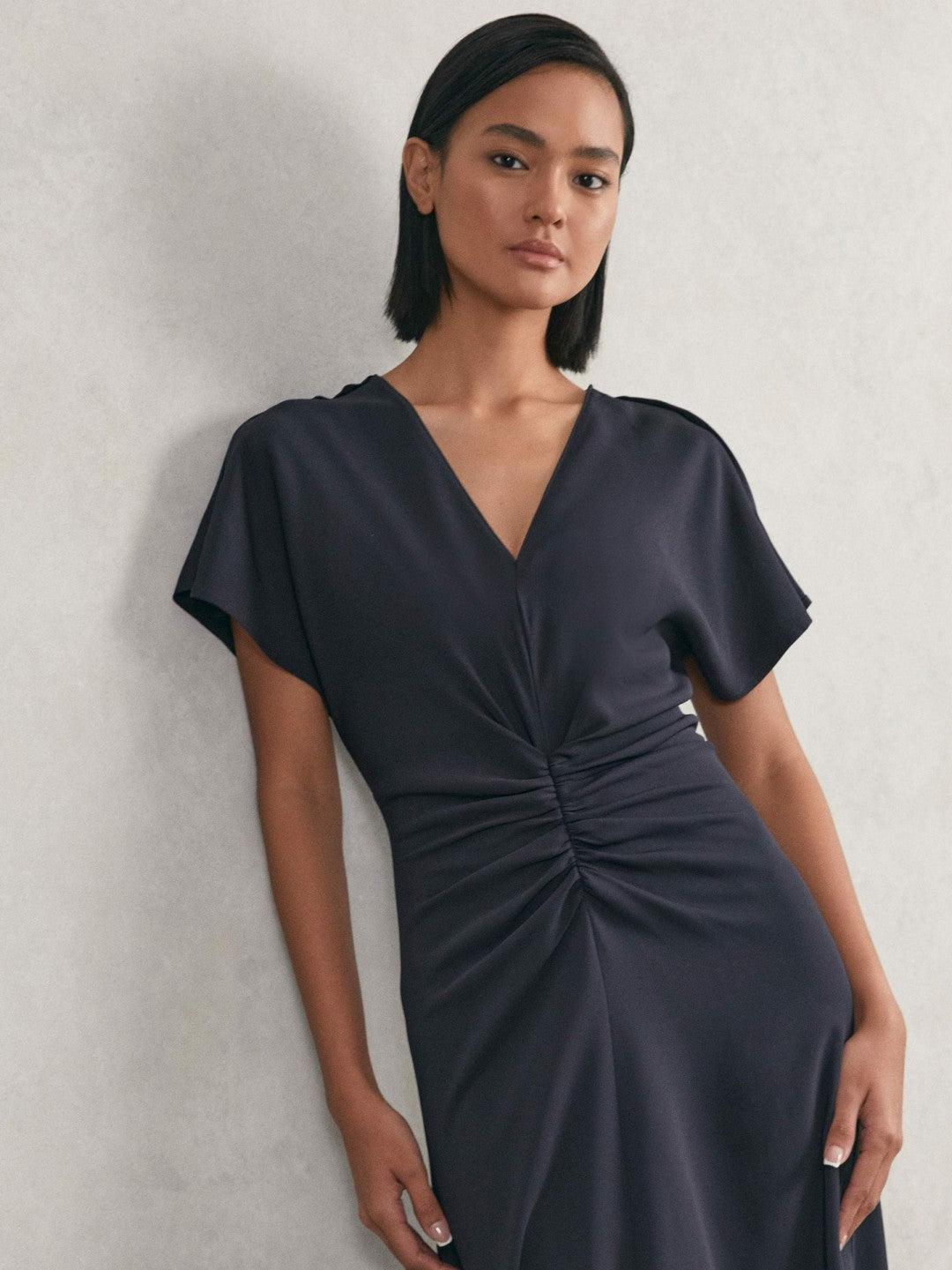 Ruched-Front Midi Dress in Navy