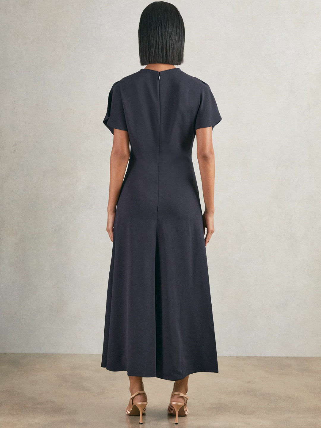 Ruched-Front Midi Dress in Navy