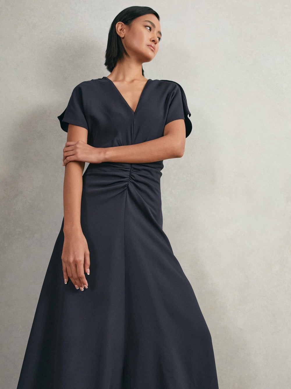 Ruched-Front Midi Dress in Navy