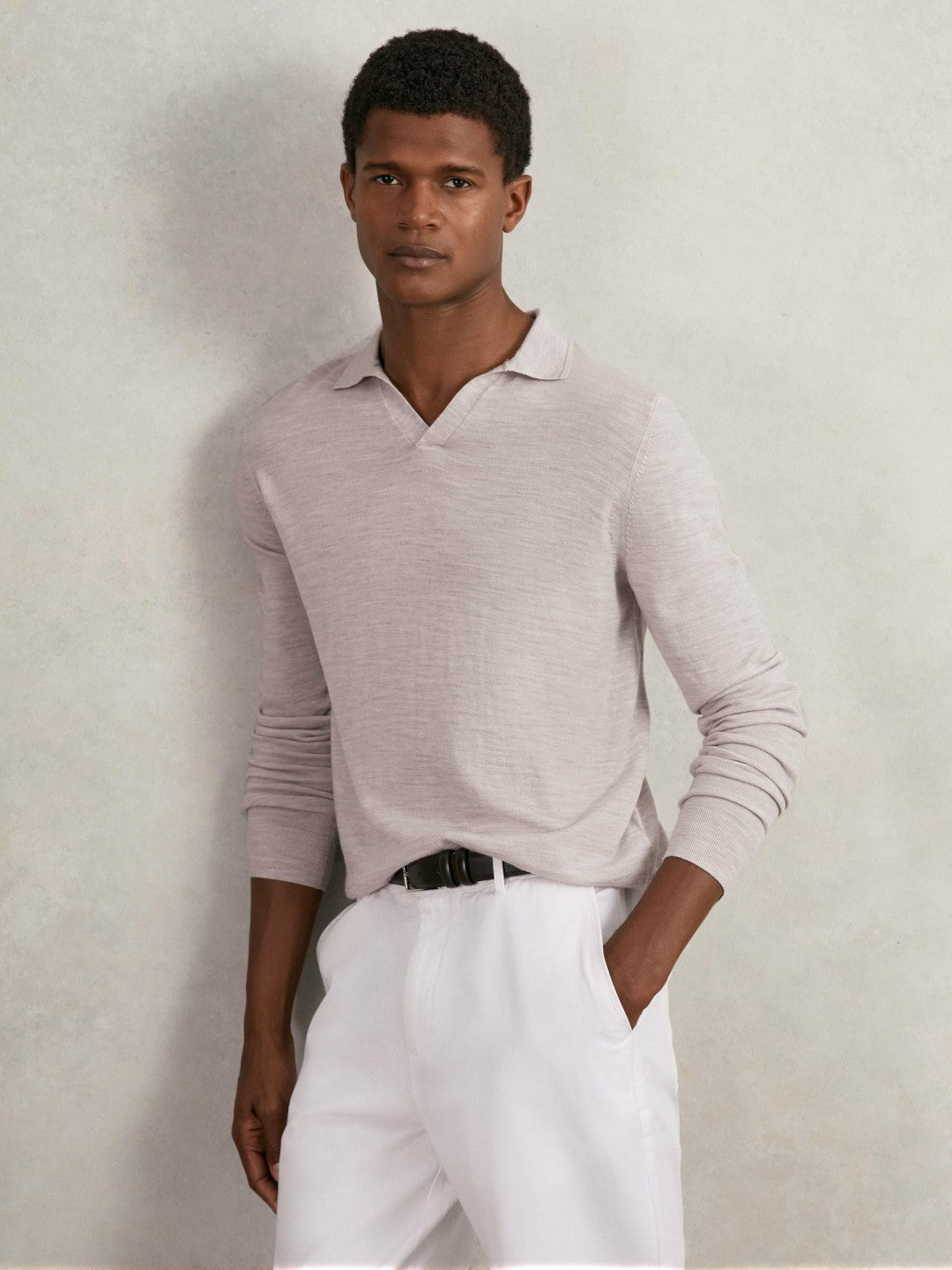 Merino Wool Open-Collar Polo Shirt in Wicker Brown Melange