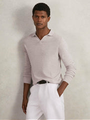 Merino Wool Open-Collar Polo Shirt in Wicker Brown Melange