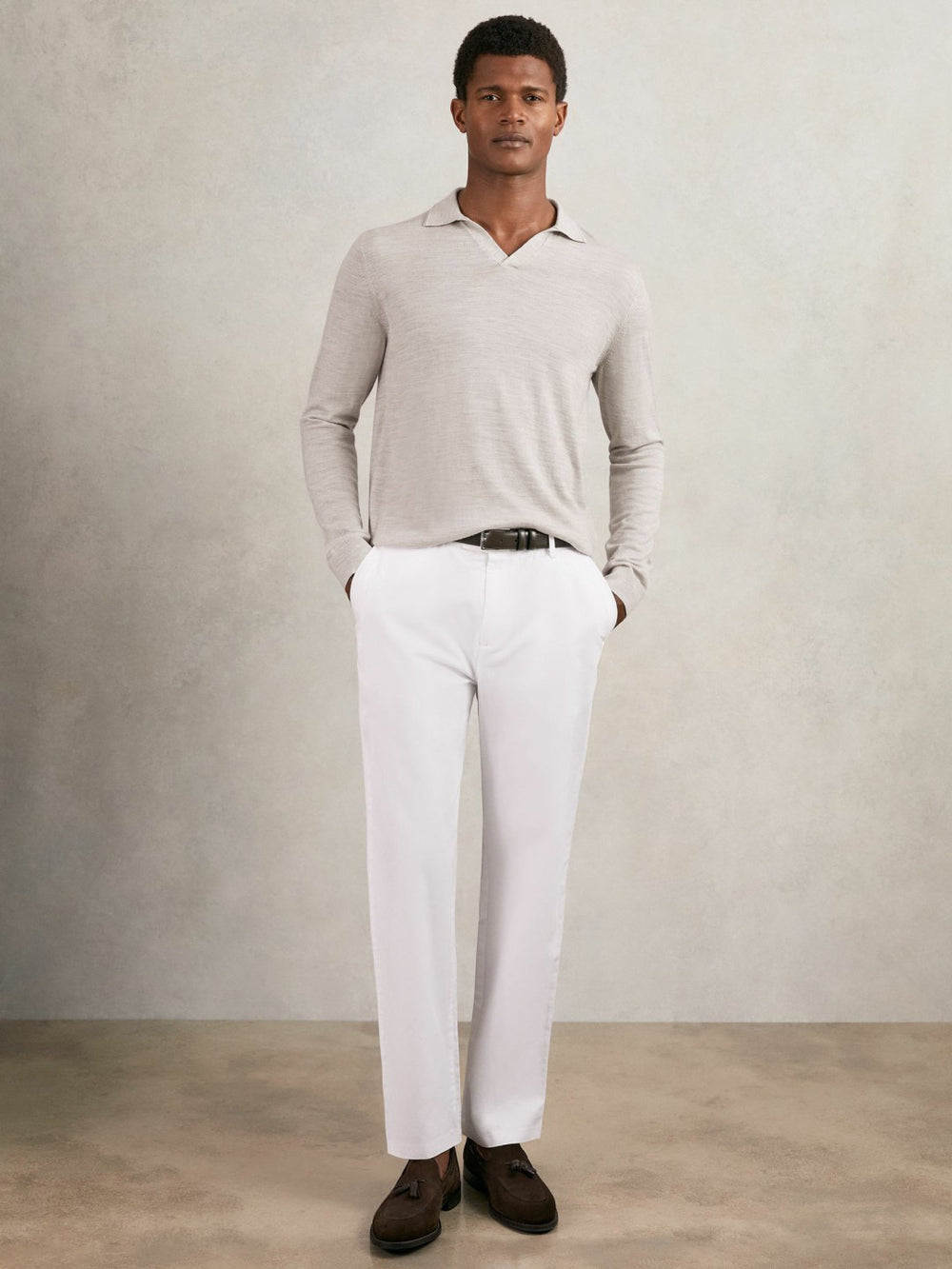 Merino Wool Open-Collar Polo Shirt in Wicker Brown Melange