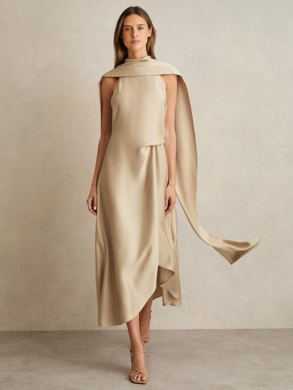 Satin Tuck-Detail Cape Midi Dress in Champagne Neutral