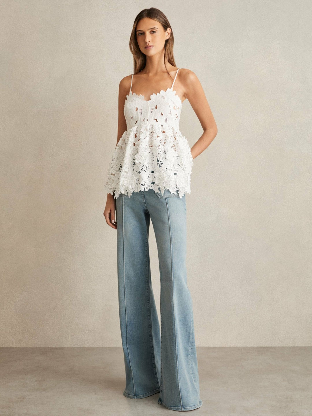 Cotton Cut Out Lace Cami Top in Ivory