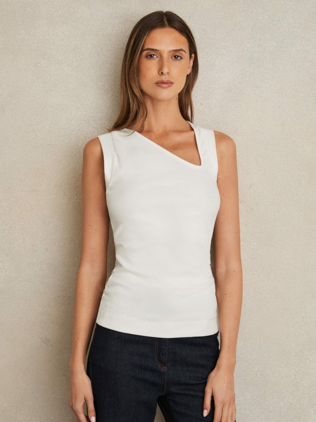 Stretch-Cotton Ribbed Asymmetric Vest in White