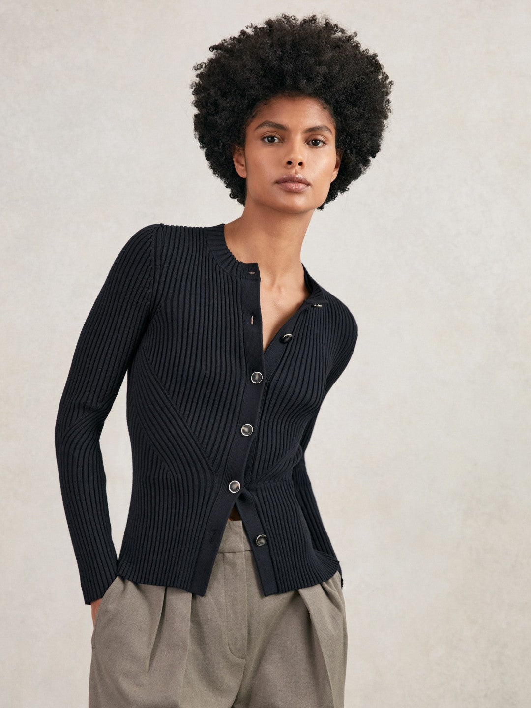 Button Front Knit Cardigan in Navy