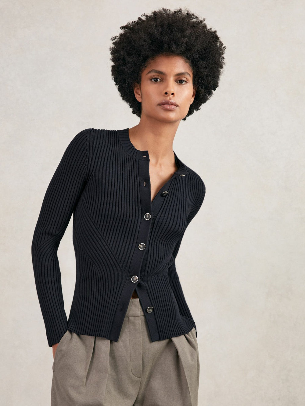 Button Front Knit Cardigan in Navy
