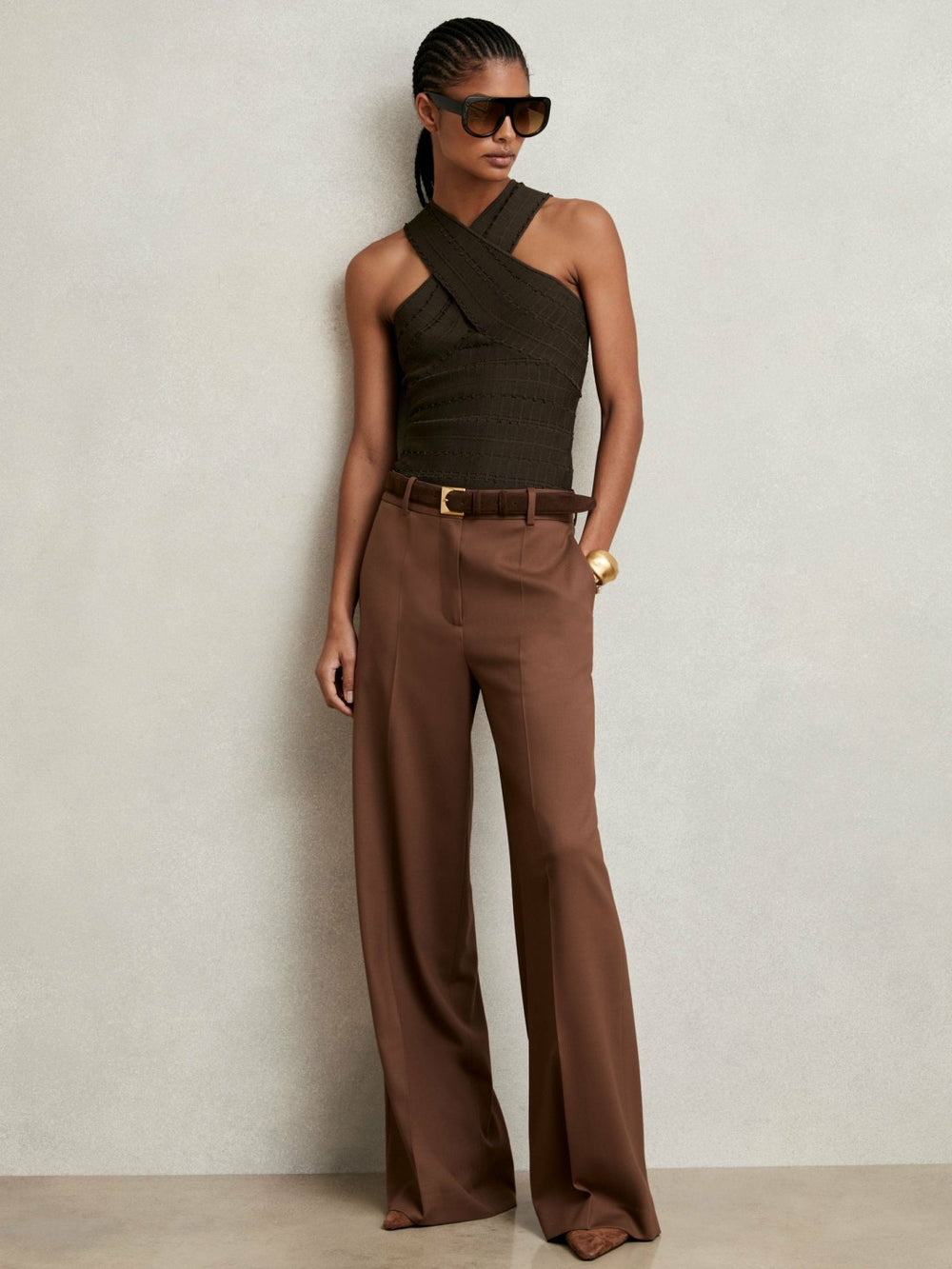 Cross Neck Textured Top in Chocolate