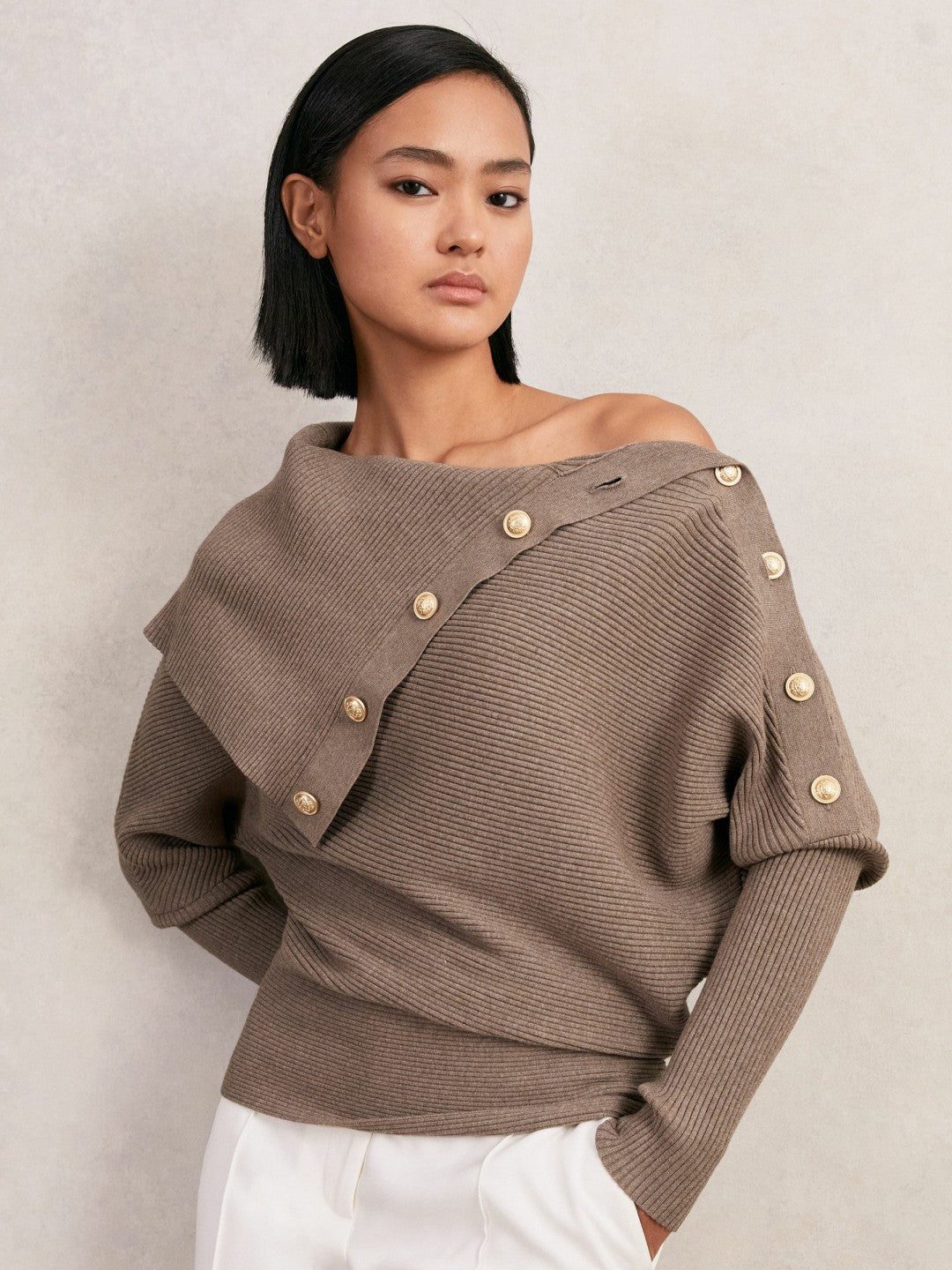 Rib-Knit Button Shawl Jumper in Taupe