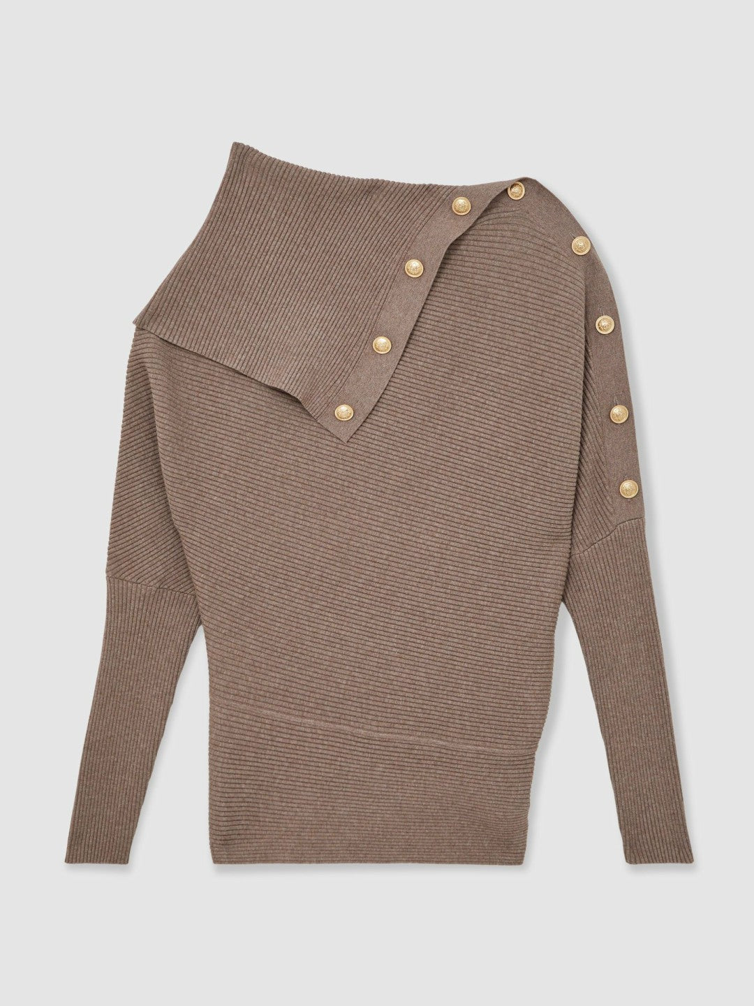 Rib-Knit Button Shawl Jumper in Taupe