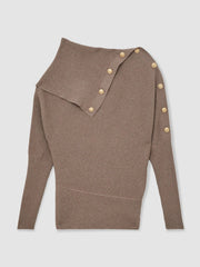 Rib-Knit Button Shawl Jumper in Taupe