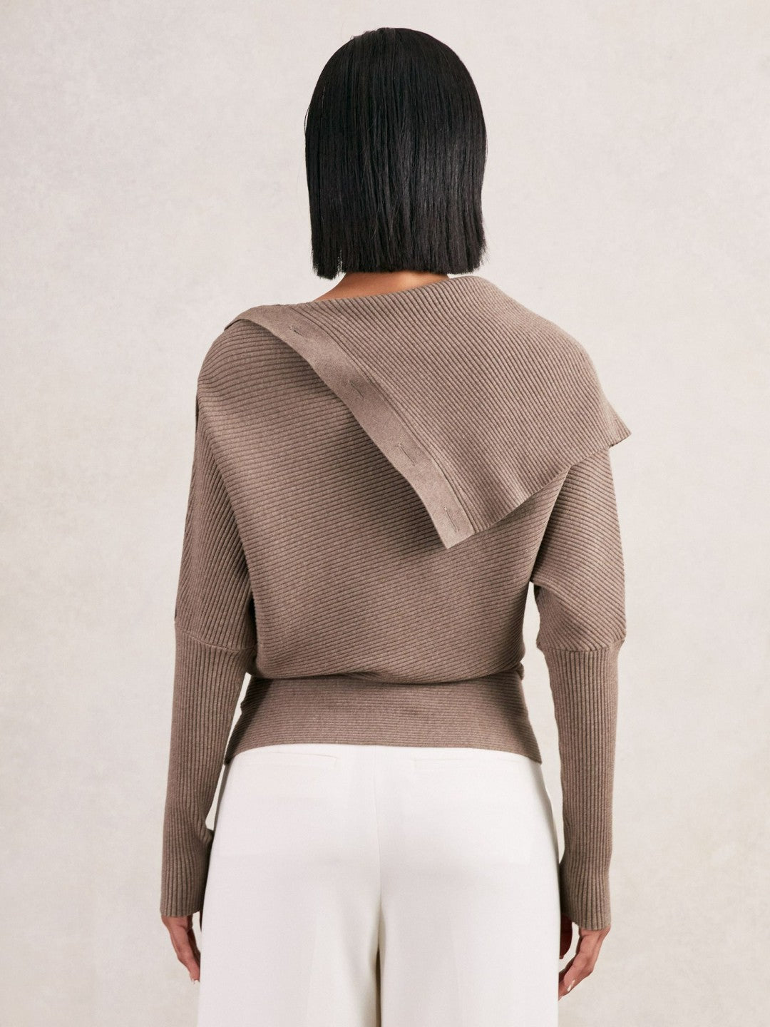 Rib-Knit Button Shawl Jumper in Taupe