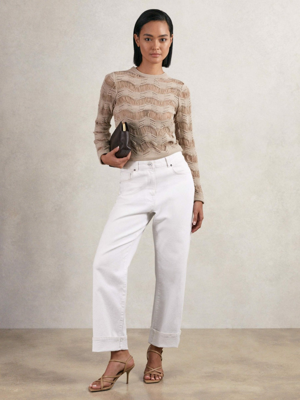 Cotton Blend Ladder Knit Top in Taupe Neutral