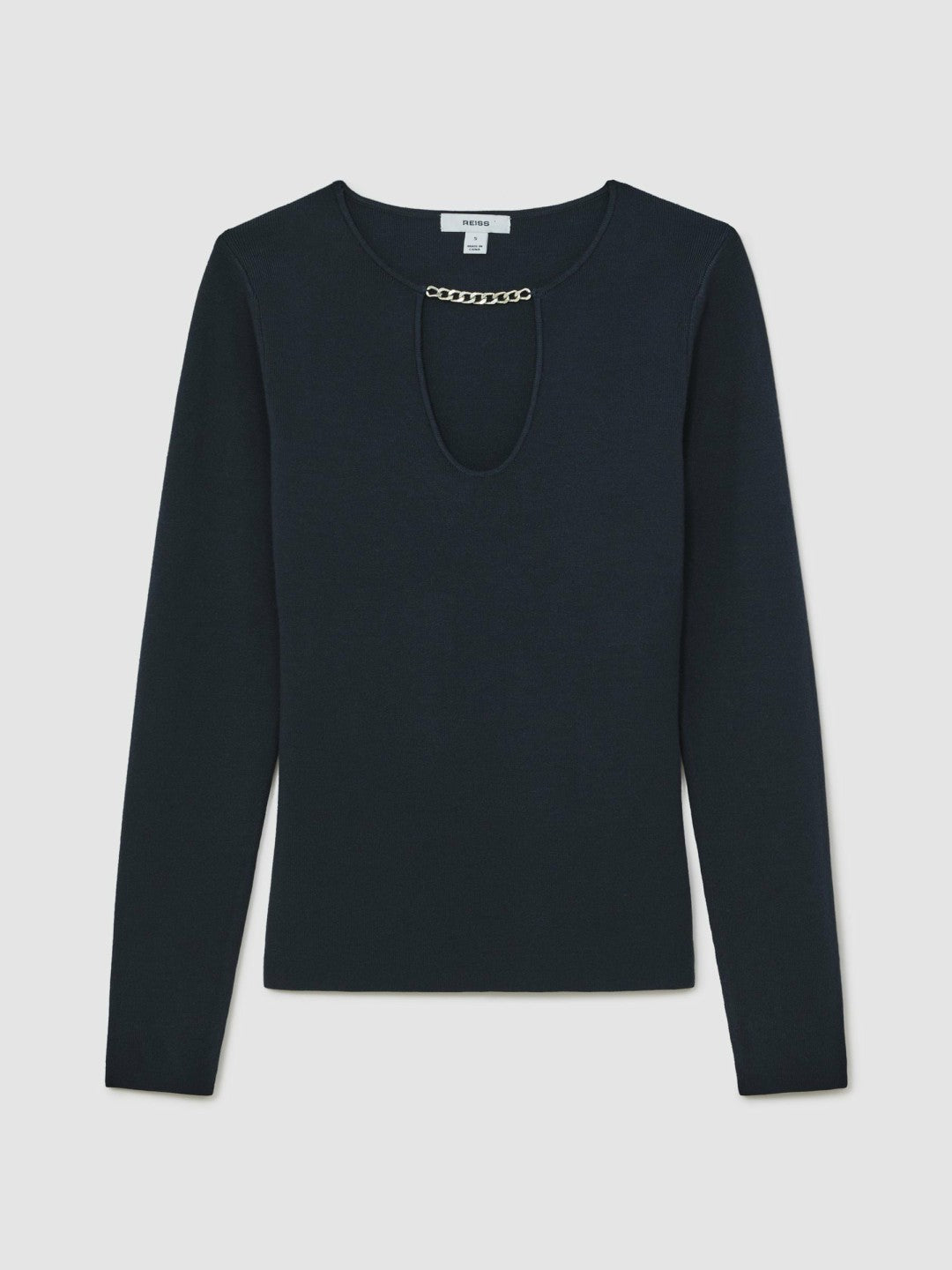 Chain-Detail Keyhole Knit Top in Navy