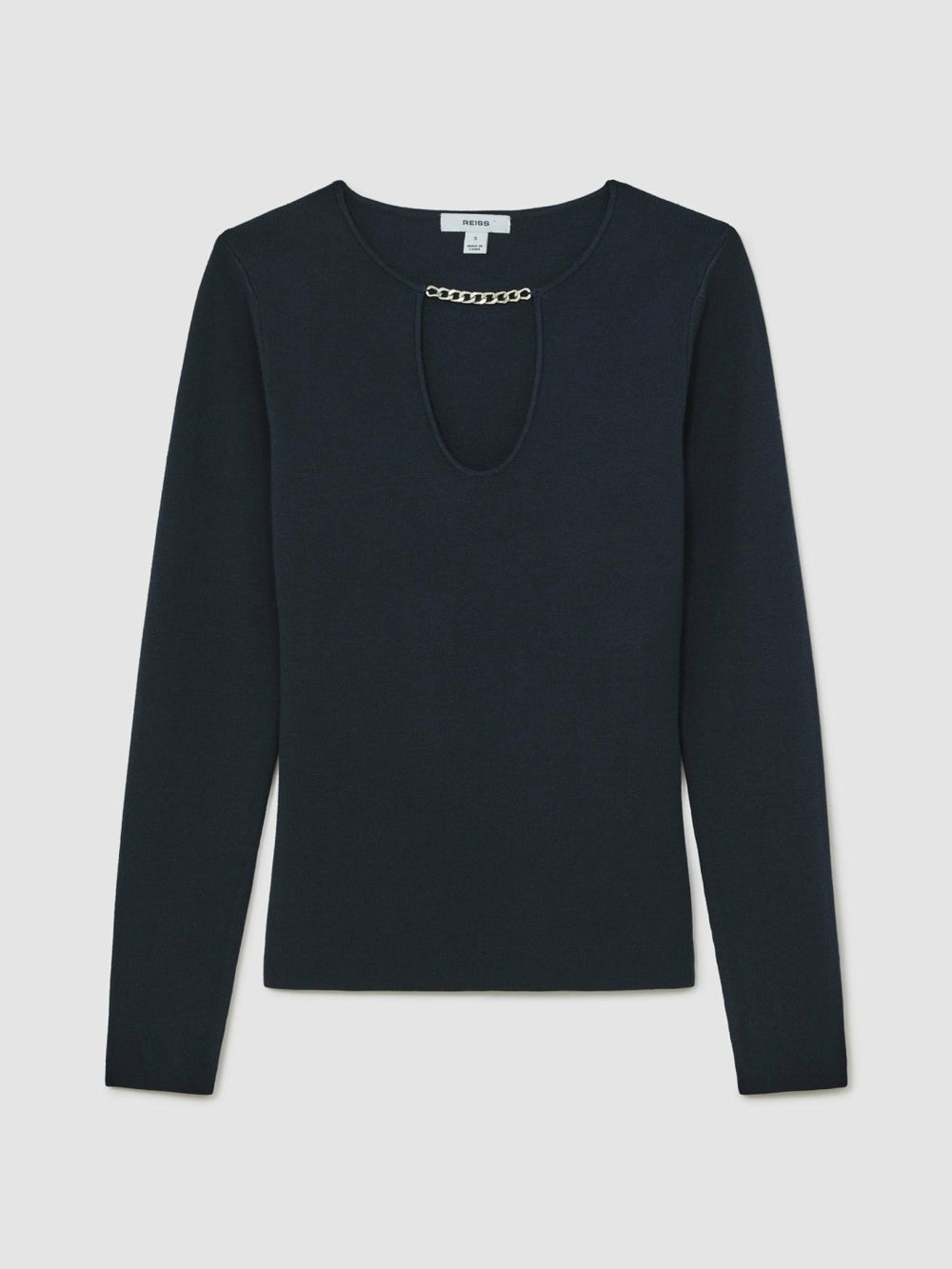 Chain-Detail Keyhole Knit Top in Navy