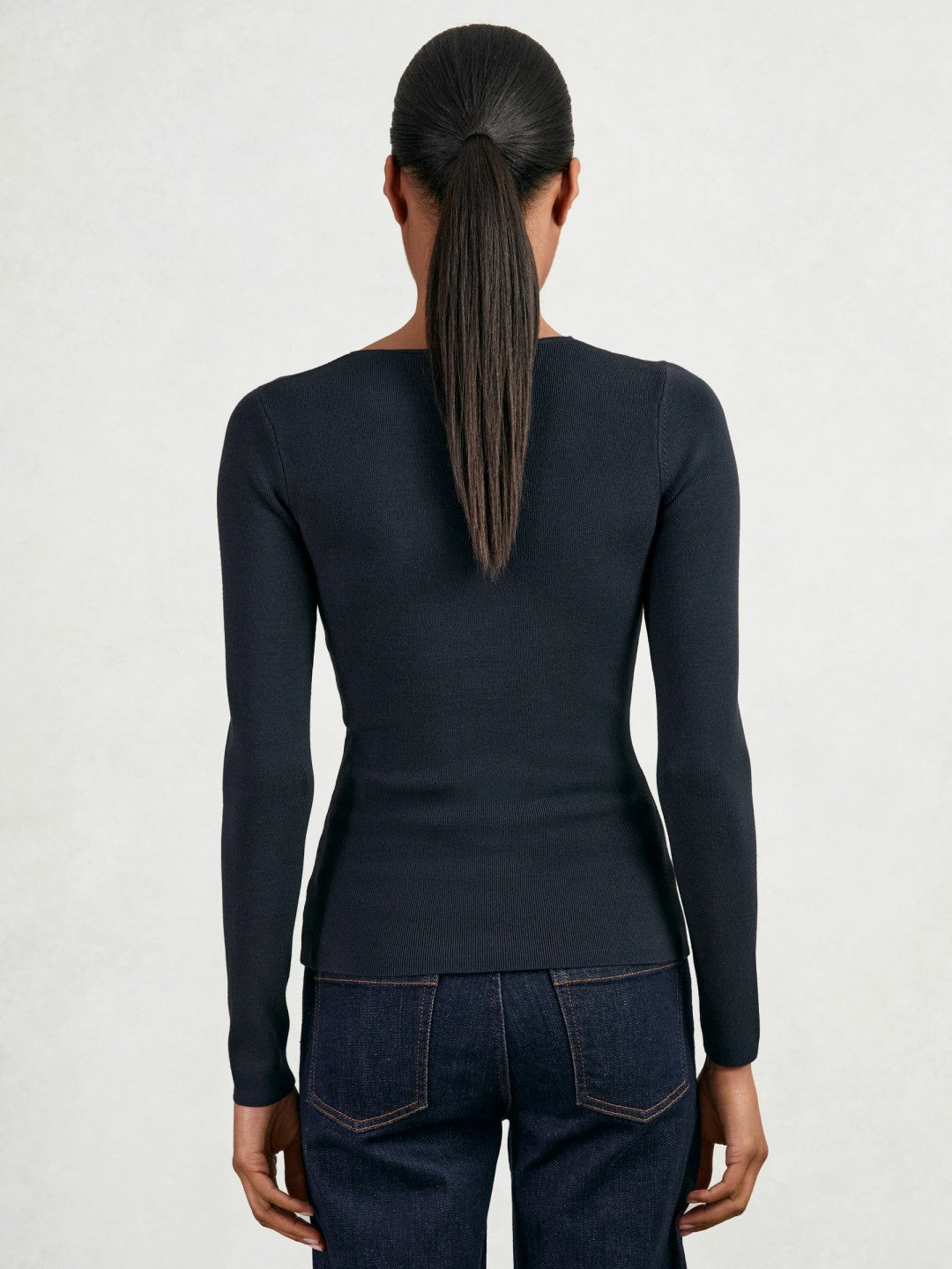 Chain-Detail Keyhole Knit Top in Navy