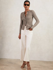Button Front Knit Cardigan in Stone