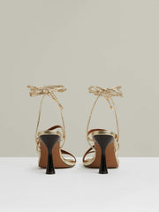 Leather Metallic Strappy Heeled Sandals in Gold