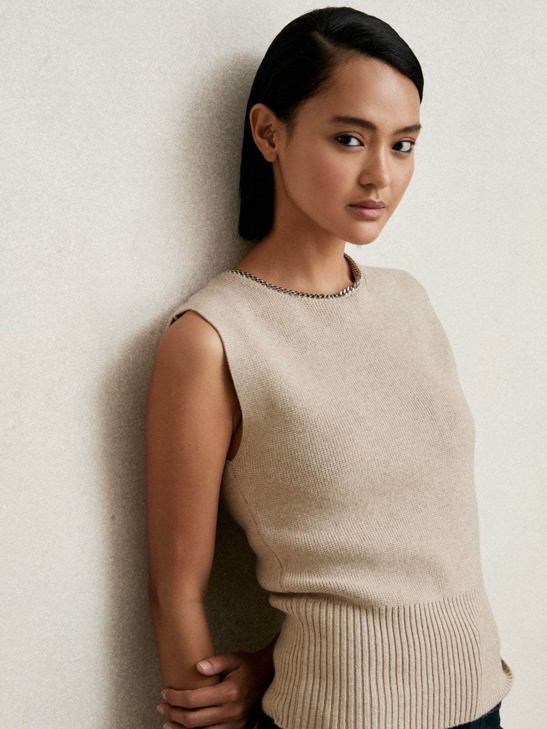 Wool-Blend Necklace-Trim Knitted Vest in Neutral