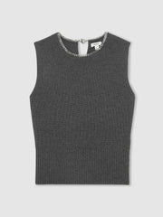 Wool-Blend Necklace-Trim Knitted Vest in Charcoal Grey