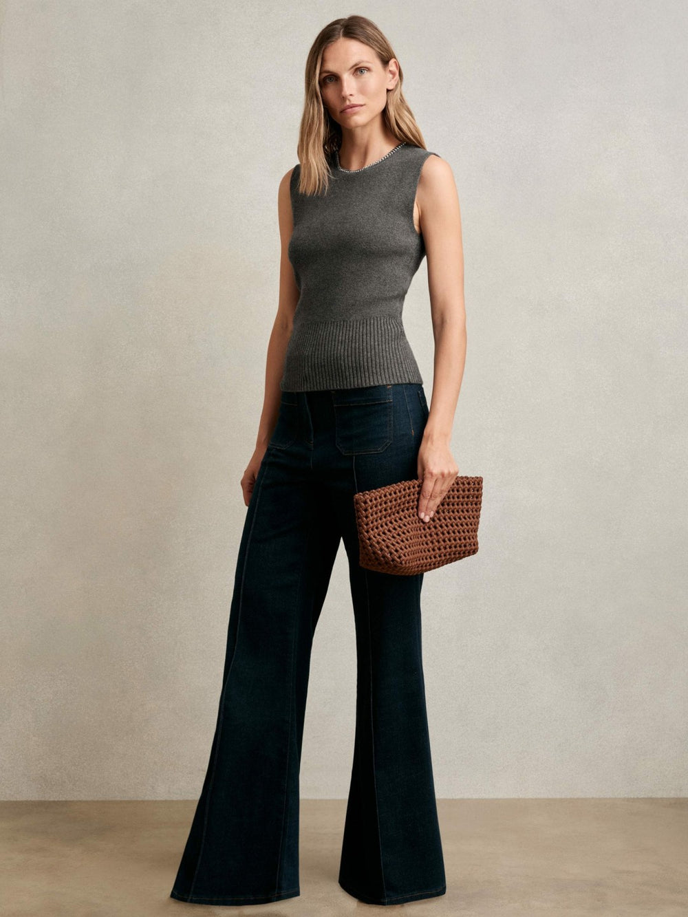 Wool-Blend Necklace-Trim Knitted Vest in Charcoal Grey