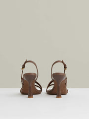 Leather Cross-Strap Heeled Sandals in Neutral
