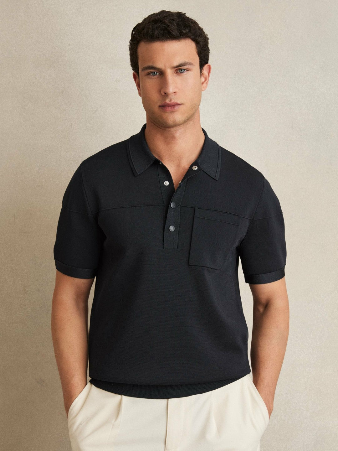 Press-Stud Seam-Detail Polo Shirt in Navy