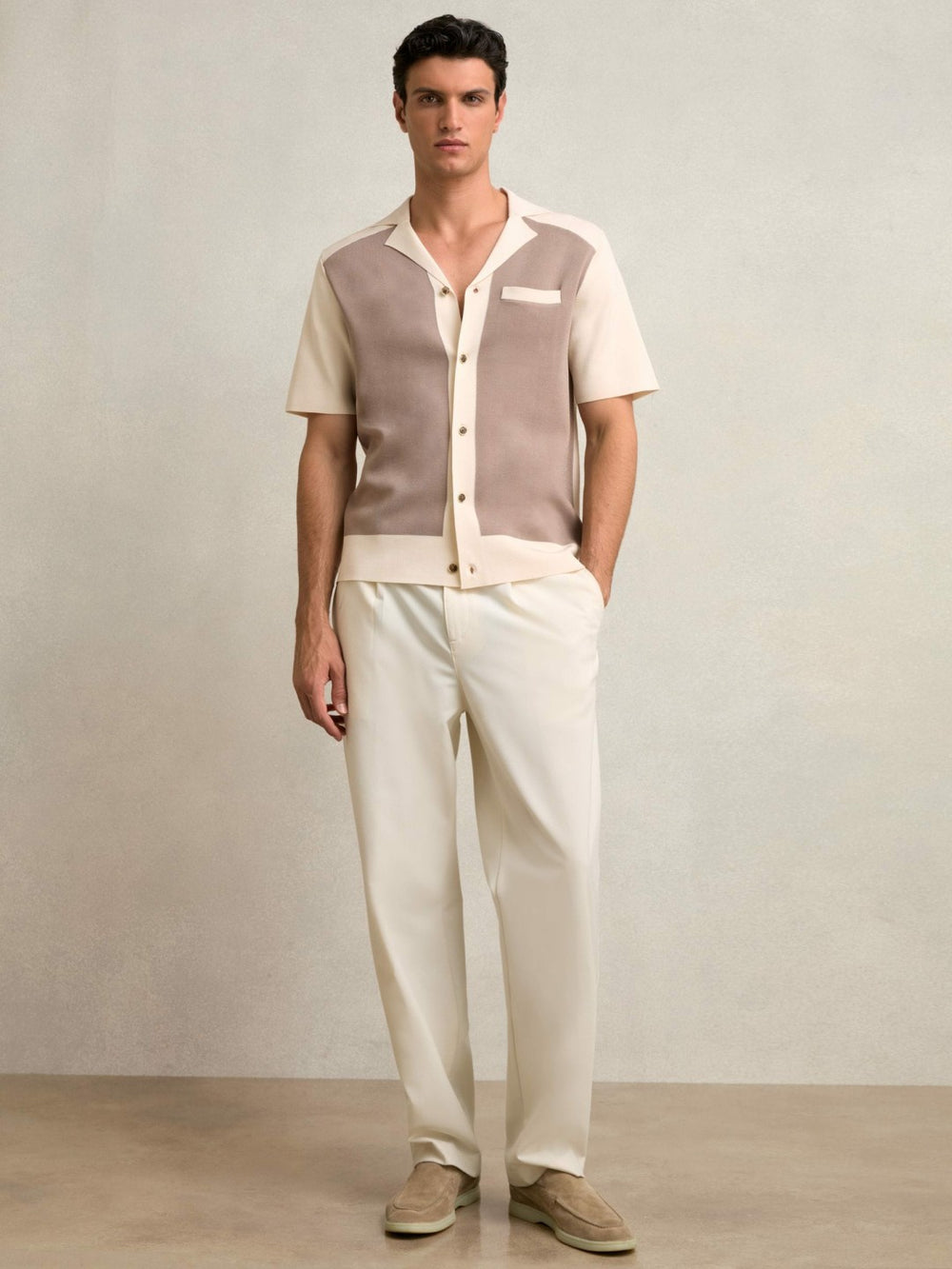 Colour-Block Cuban-Collar Knit Shirt in Taupe Brown/Light Stone