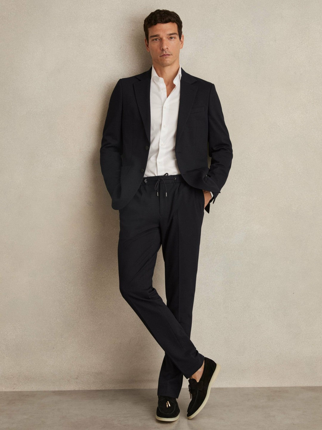 Slim Fit Jersey Drawstring Suit Trousers in Navy