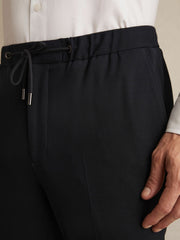 Slim Fit Jersey Drawstring Suit Trousers in Navy