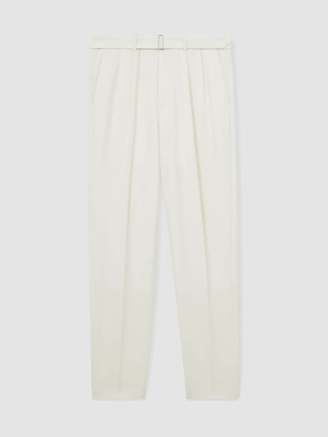 Wool-Blend Belted Pleated Trousers Regular-Fit in White