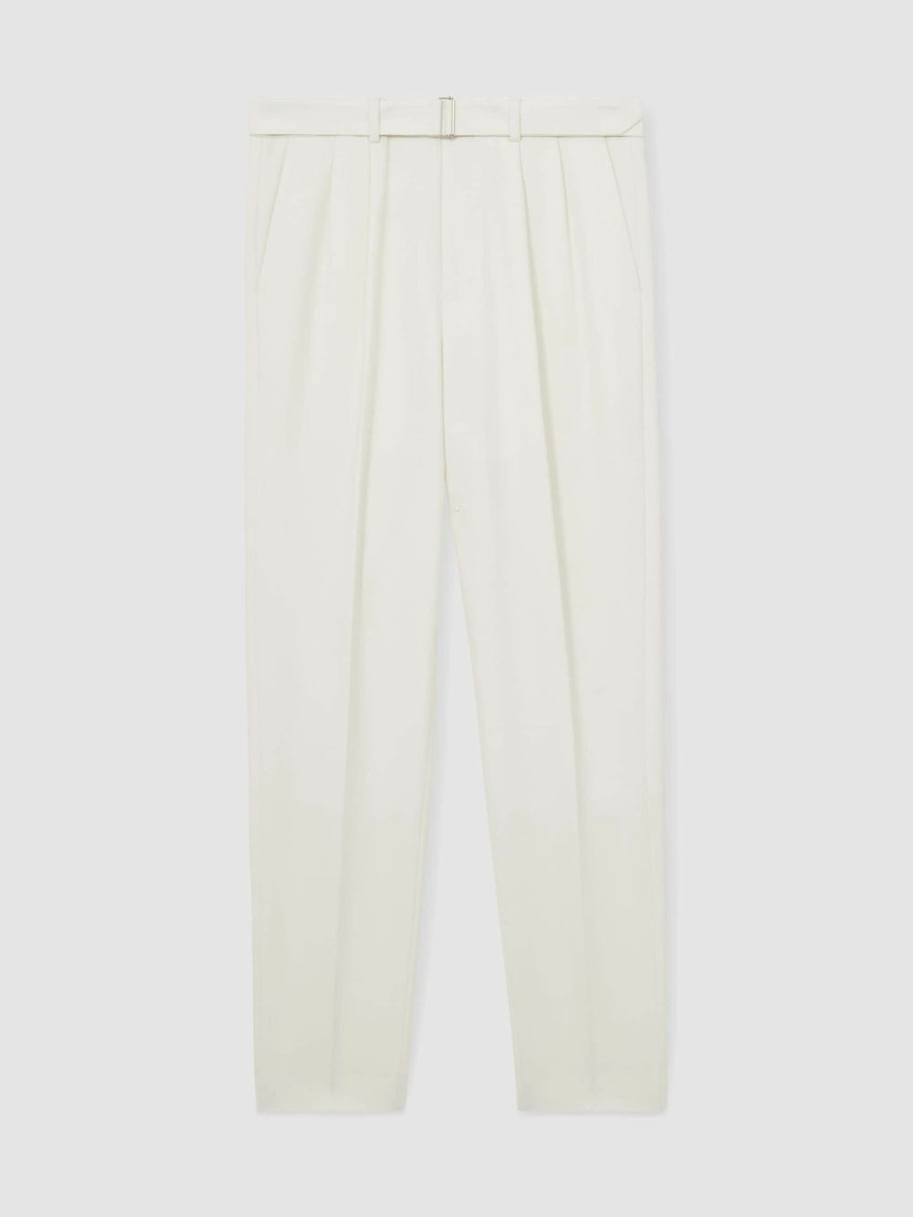 Wool-Blend Belted Pleated Trousers Regular-Fit in White