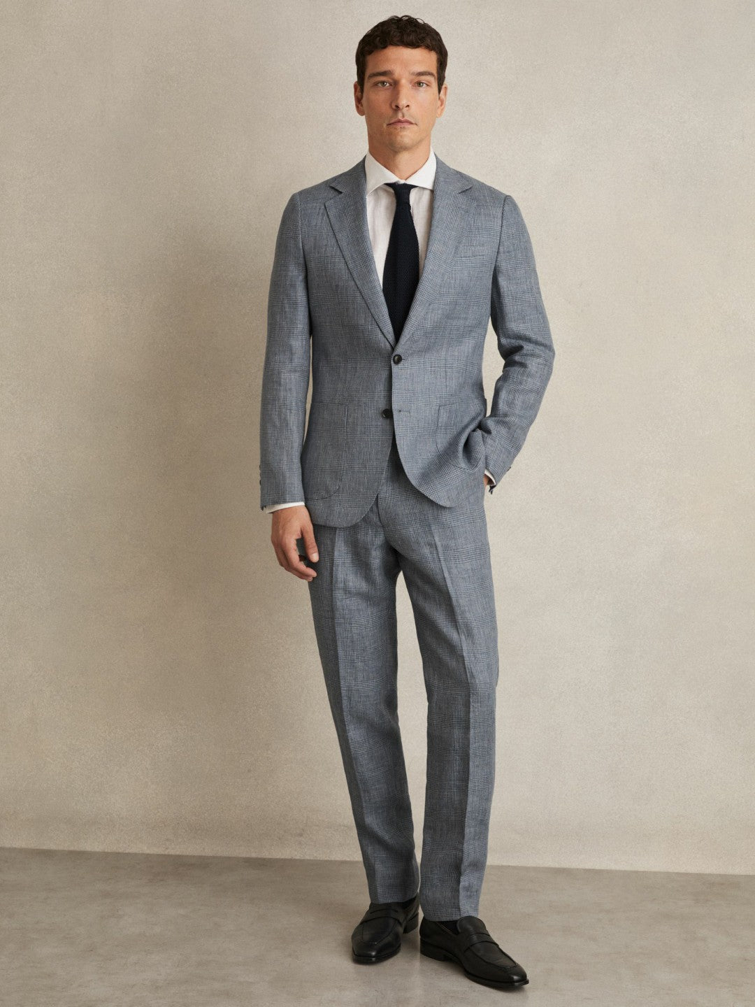 Slim Fit Linen Check Suit Trousers in Soft Blue