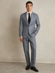 Slim Fit Linen Check Suit Trousers in Soft Blue