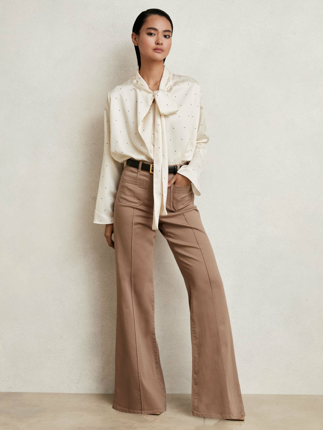Satin Polka Dot Tie Neck Blouse in Ivory