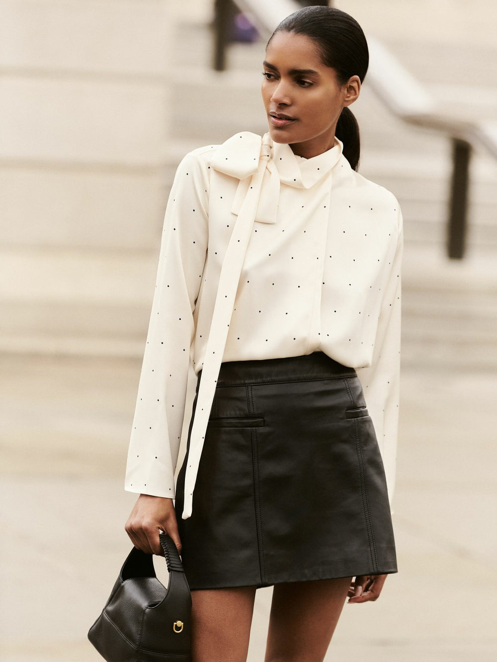 Satin Polka Dot Tie Neck Blouse in Ivory