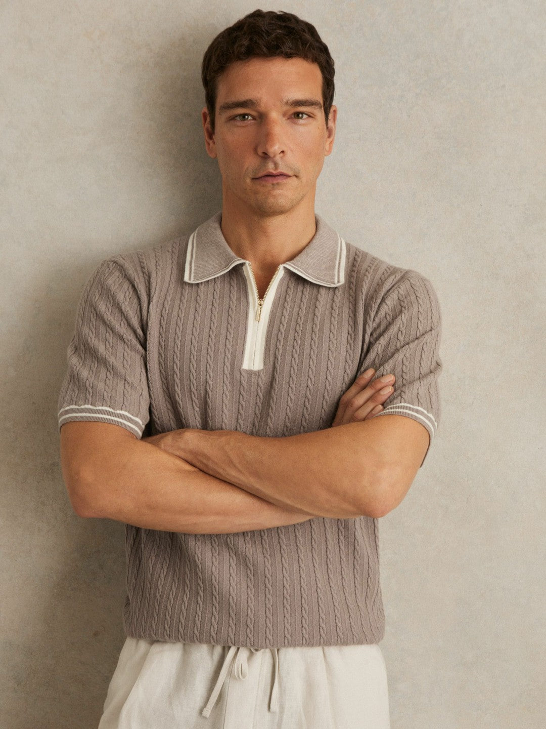 Micro-Cable Half-Zip Polo Shirt in Light Taupe Brown