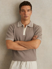 Micro-Cable Half-Zip Polo Shirt in Light Taupe Brown