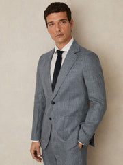Slim Fit Single Breasted Linen Check Suit Blazer in Soft Blue
