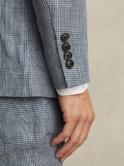 Slim Fit Single Breasted Linen Check Suit Blazer in Soft Blue